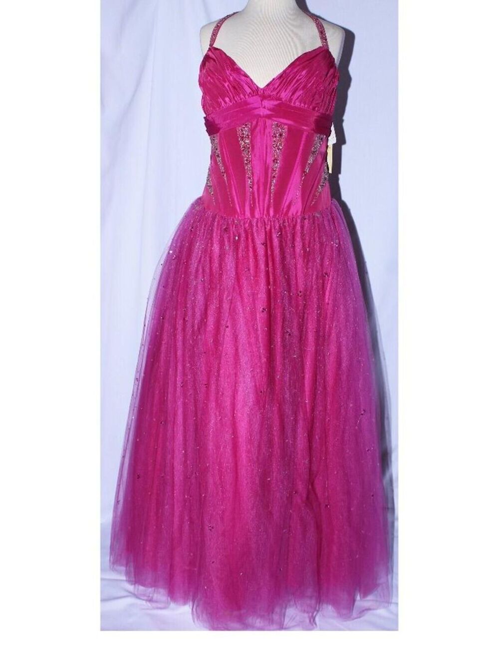 MayQueen #508 Beaded Taffeta and Tulle Prom Gown With Corset -Size 10-FUCHSIA